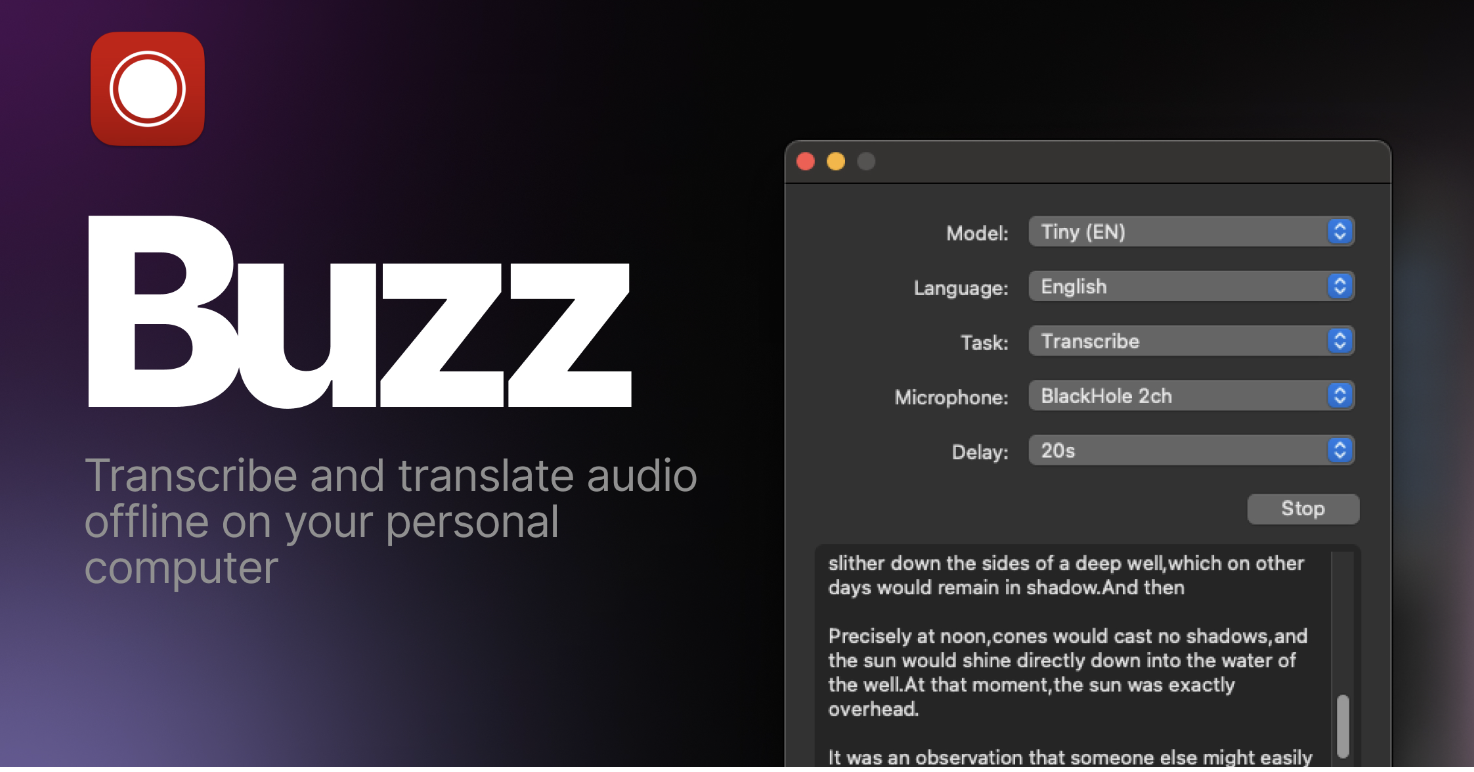 Buzz application interface showing options for model selection, language, and transcription task. A text transcription is displayed, highlighting the software’s ability to transcribe audio files offline on a personal computer